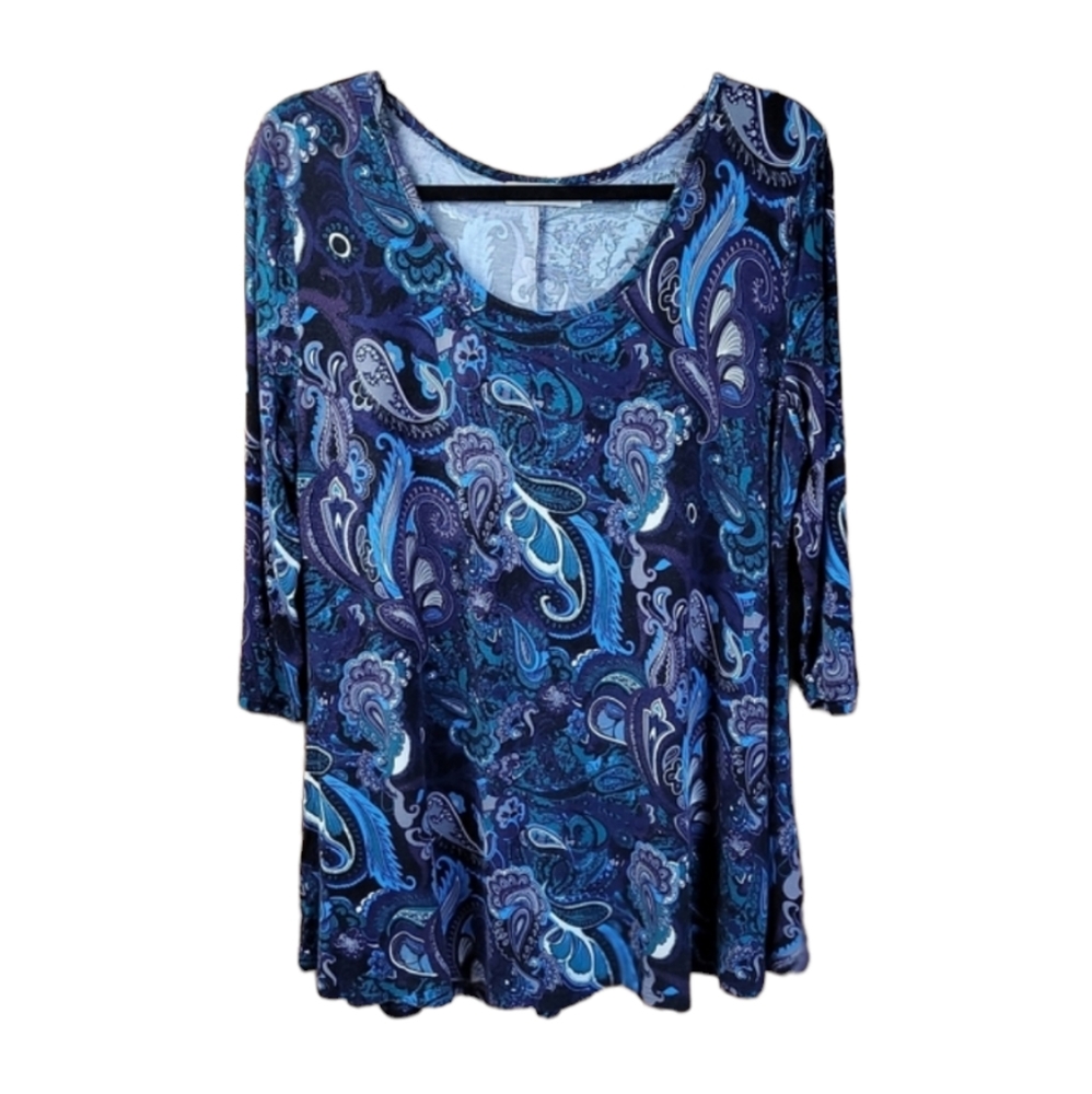 Nandashe Paisley Blue/Purple Scoop Neck 3/4 Length Sleeve Top Size XXL